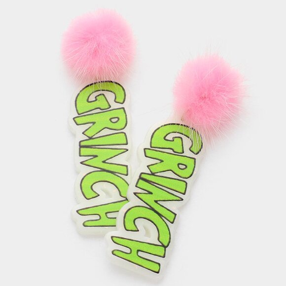 Pom Pom Resin Grinch Message Drop Dangle Earrings - Picture 1 of 4